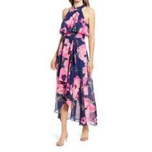 Eliza J Floral High Low Halter Neck Ruffle Trim Belted Dress Size 6